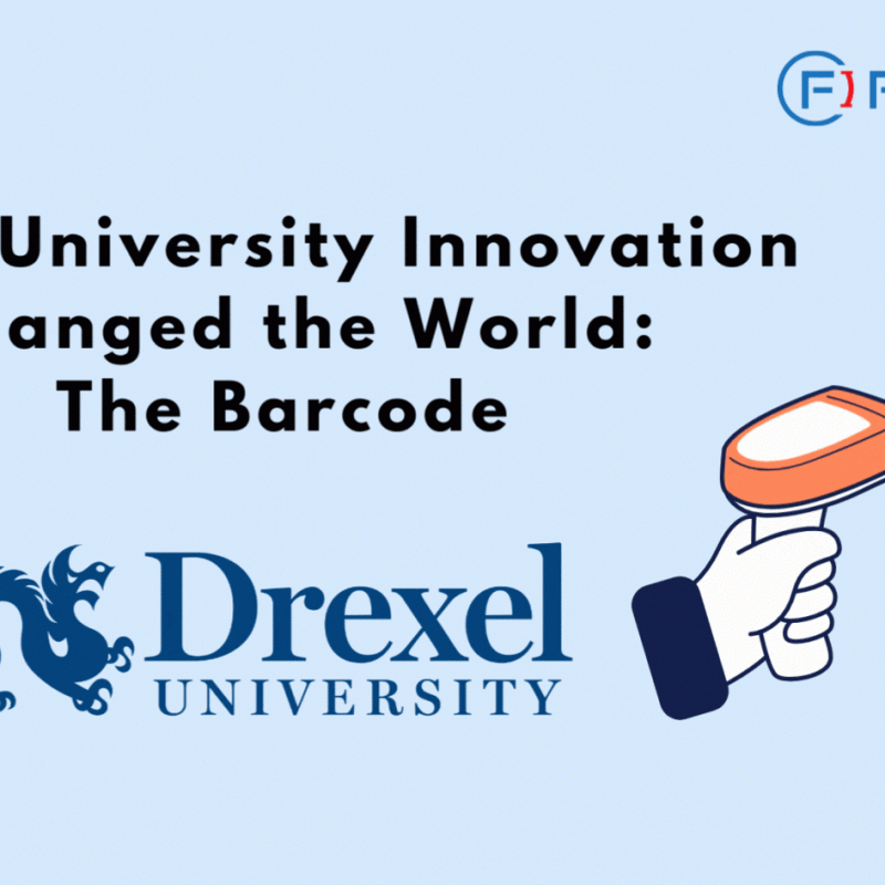 The image is a promotional graphic from FirstIgnite. It features the title "When University Innovation Changed the World: The Barcode" in bold black text. Below the title is the Drexel University logo. On the right side, there's an illustration of a hand holding a barcode scanner aimed at a barcode. The FirstIgnite logo is positioned at the top right corner.
