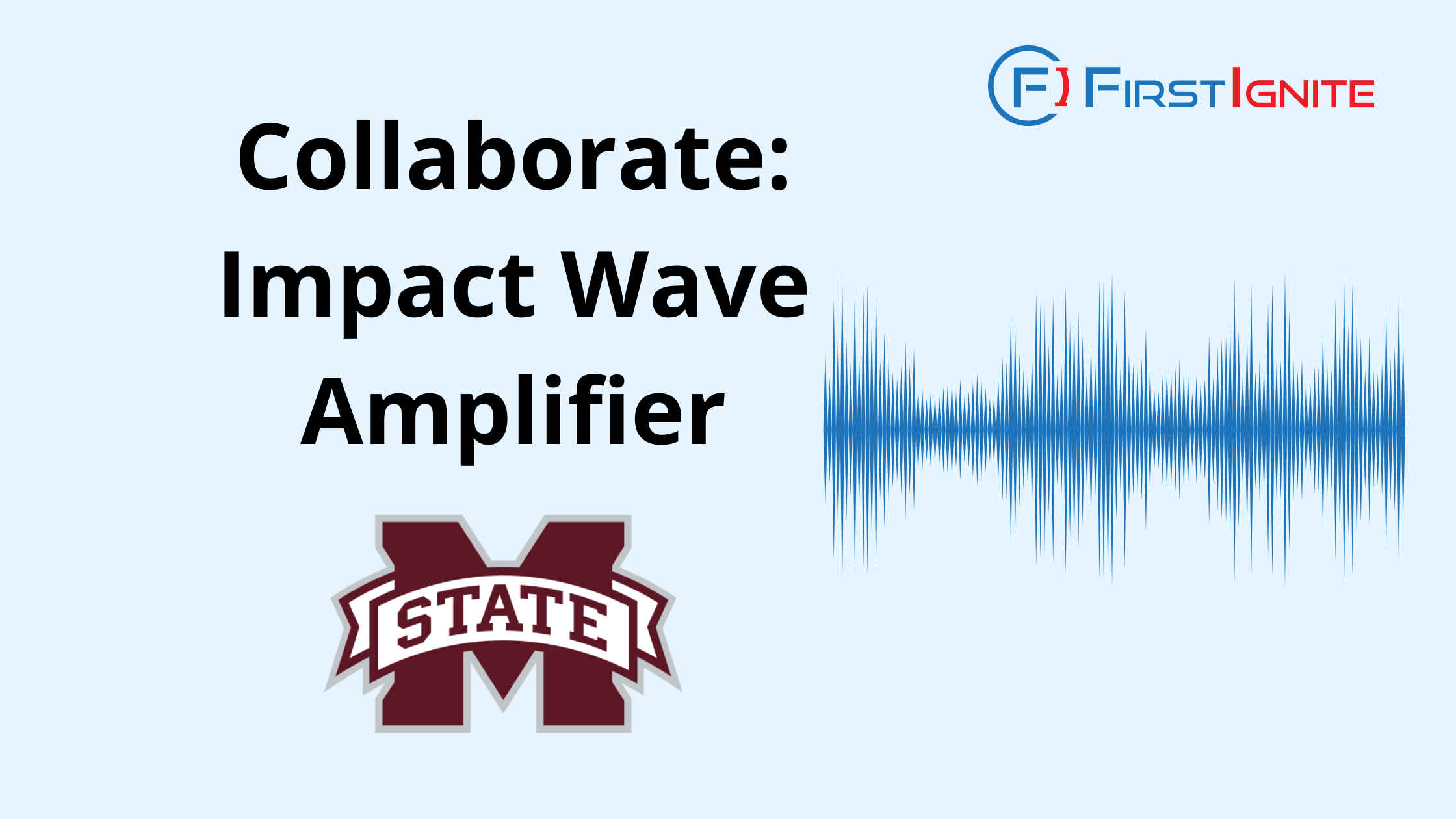 The image is a promotional graphic from FirstIgnite. It features the title "Collaborate: Impact Wave Amplifier" along with the Mississippi State University logo and name. There is also an illustration of a wavelength on the right side. The FirstIgnite logo is positioned at the top right corner.